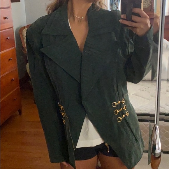 Green suede puffy shoulder gold buckle jacket M - Picture 3 of 10
